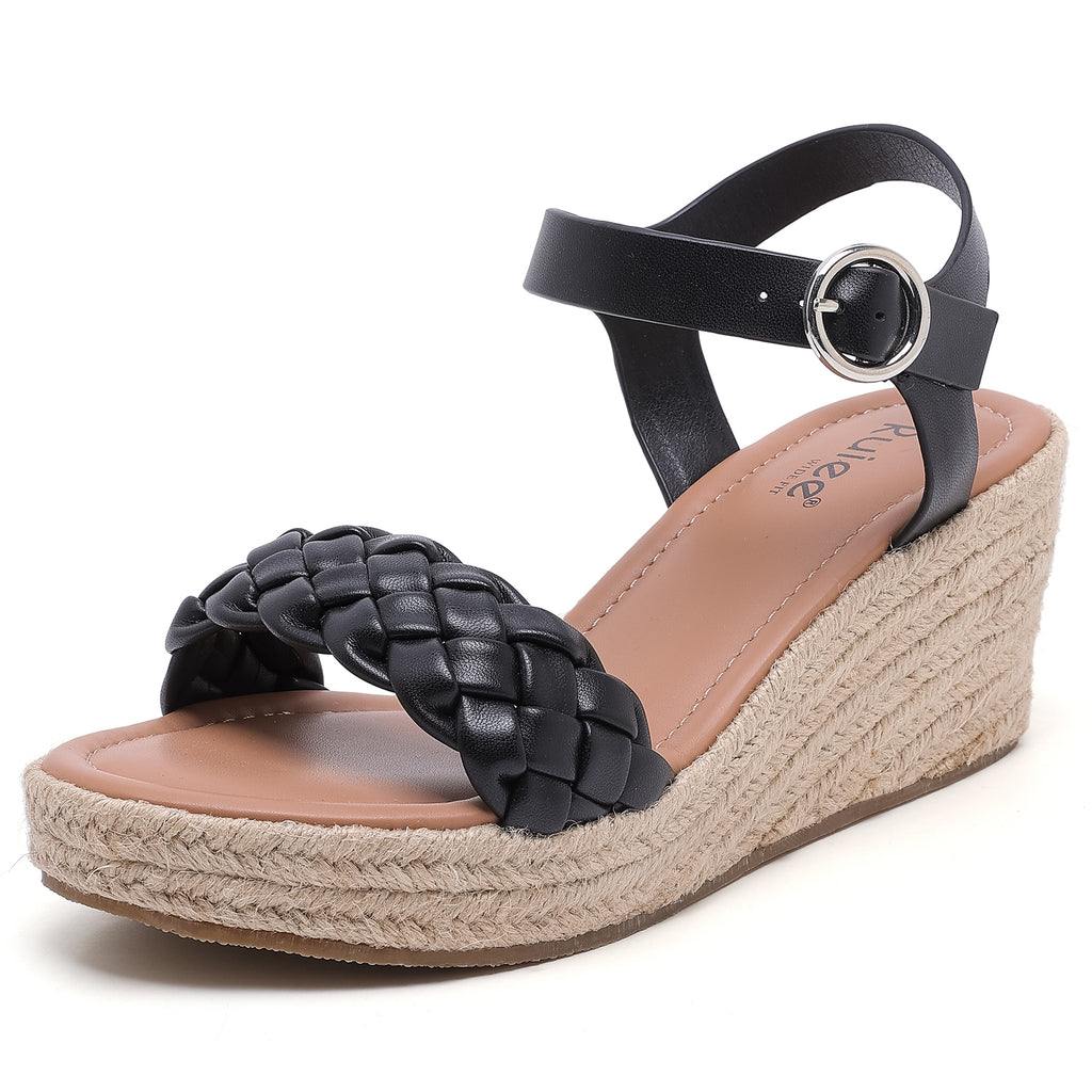 Ruiee Wide Width Wedge Sandals for Women, Braided Ankle Strap Buckle Open Toe Summer Shoes Platform Espadrille Wedge Beach Women Sandals.