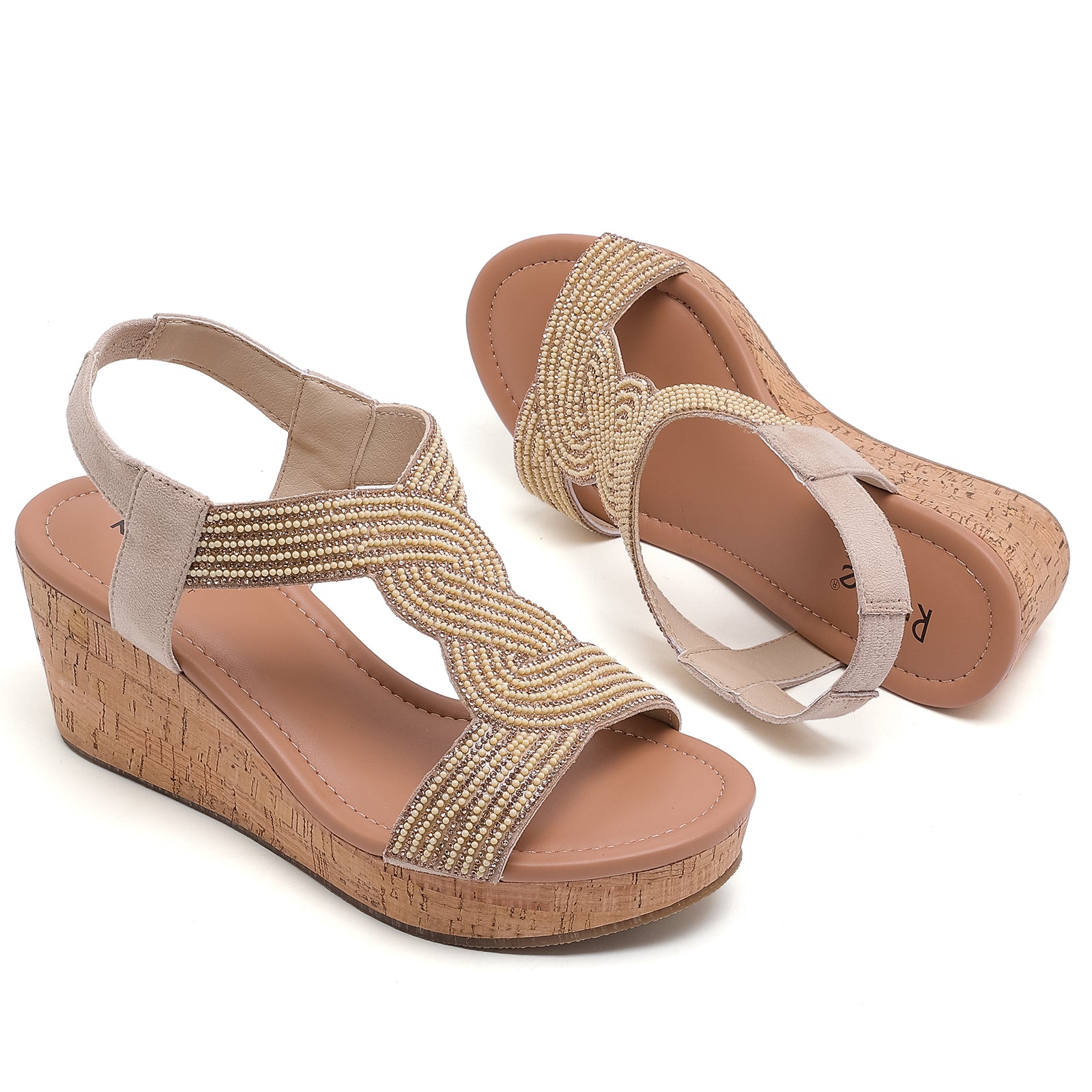 Ruiee Wide Width Wedge Sandals for Women, Ankle Strap Sparkly Rhinestone Open Toe Summer Dressy Shoes Platform Wedding Prom Women Sandals.