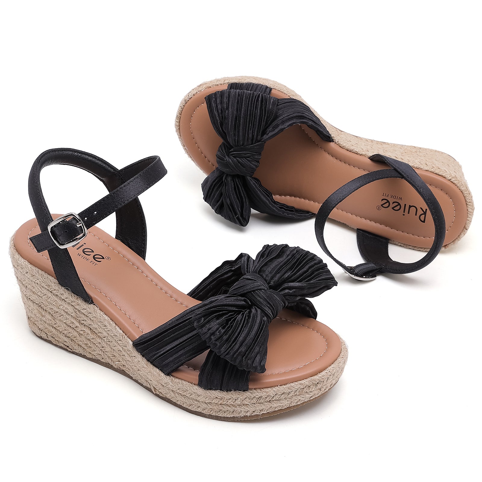 Ruiee Wide Width Wedge Sandals for Women, Ankle Strap Cute Bowknot Open Toe Summer Shoes Platform Espadrille Wedge Dressy Women Sandals.