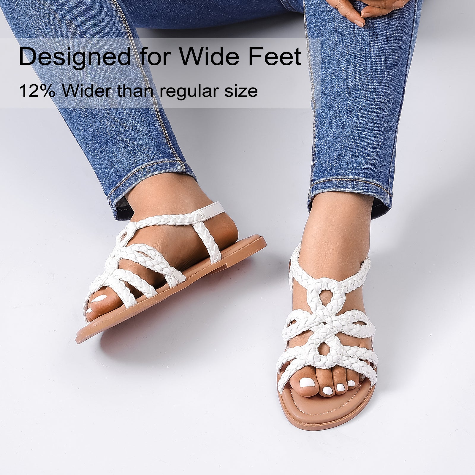 Ruiee Wide Width Sandals for Women, Summer Casual Braided Wide Feet Flat Slides Sandal Comfort Slip on Sandals Open Toe Beach Shoes for Women.