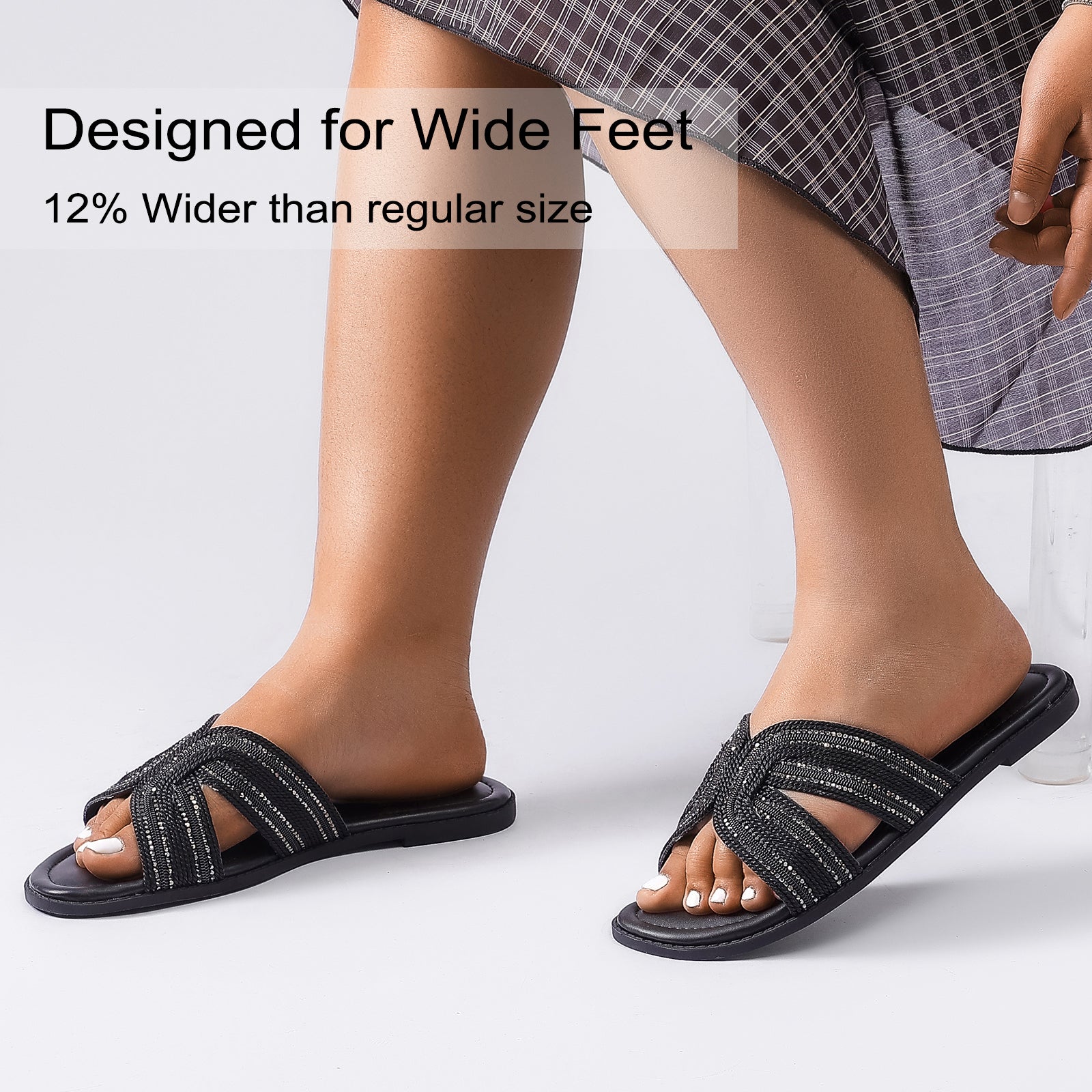 Ruiee Wide Width Sandals for Women, Fashion Slide Sandal Casual Sparkly Bling Dressy Flat Slides Comfort Bride Wedding Summer Slip on Wide Feet Womens Sandals.
