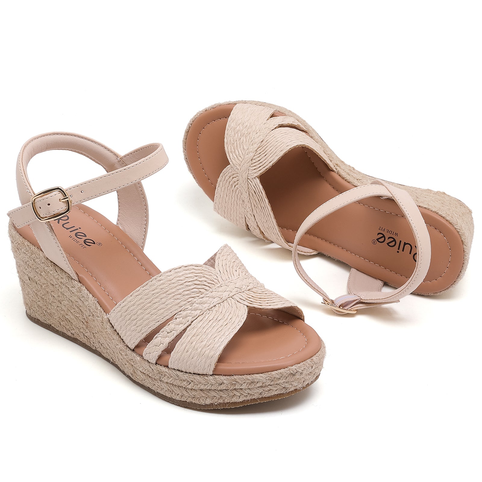 Ruiee Wide Width Wedge Sandals for Women, Ankle Strap Cute Round Toe Summer Shoes Platform Espadrille Wedge Dressy Womens Sandals.