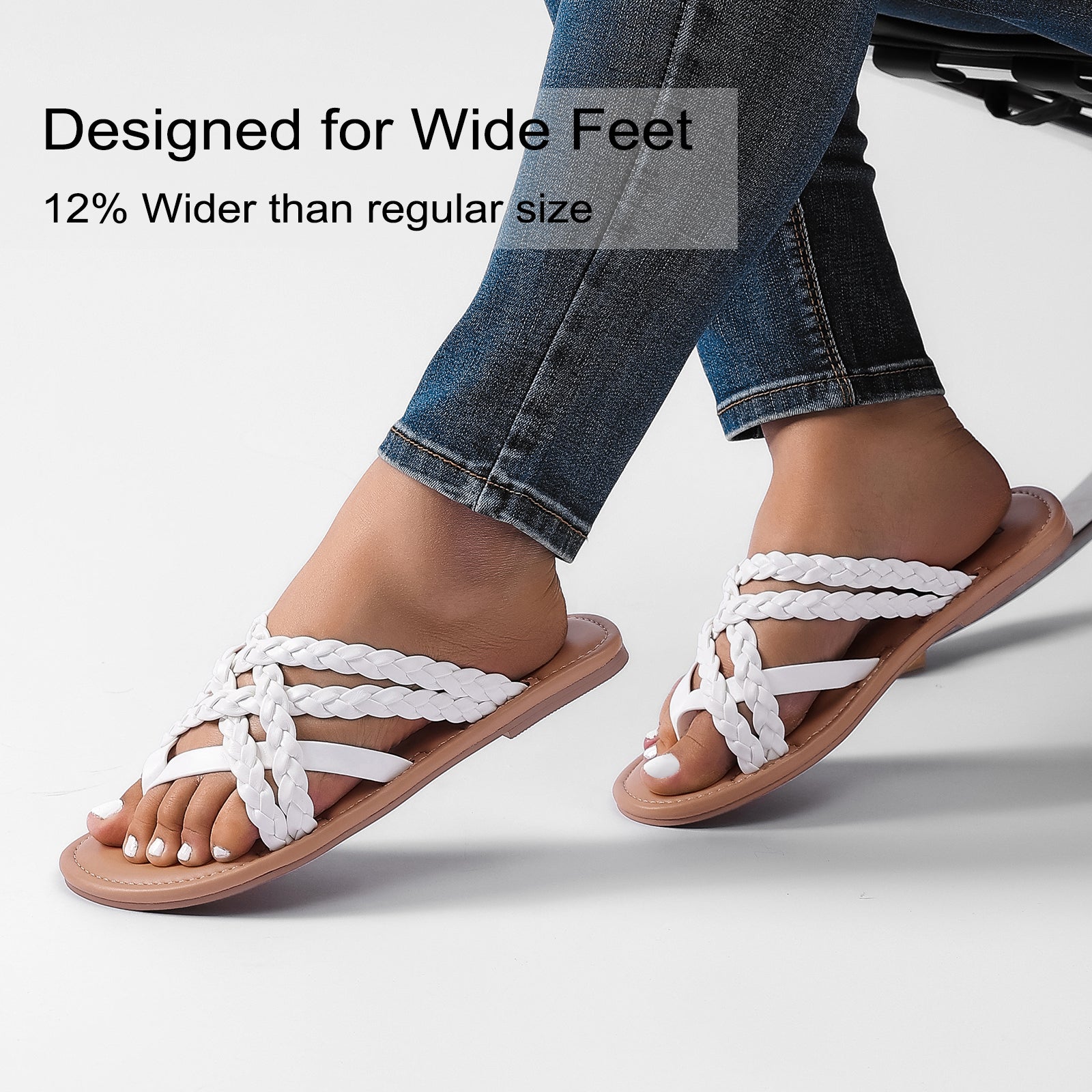 Ruiee Wide Width Sandals for Women, Summer Flip Flops Flat Slide Sandals Casual Braided Wide Feet Comfort Slip on Beach Slides for Women.