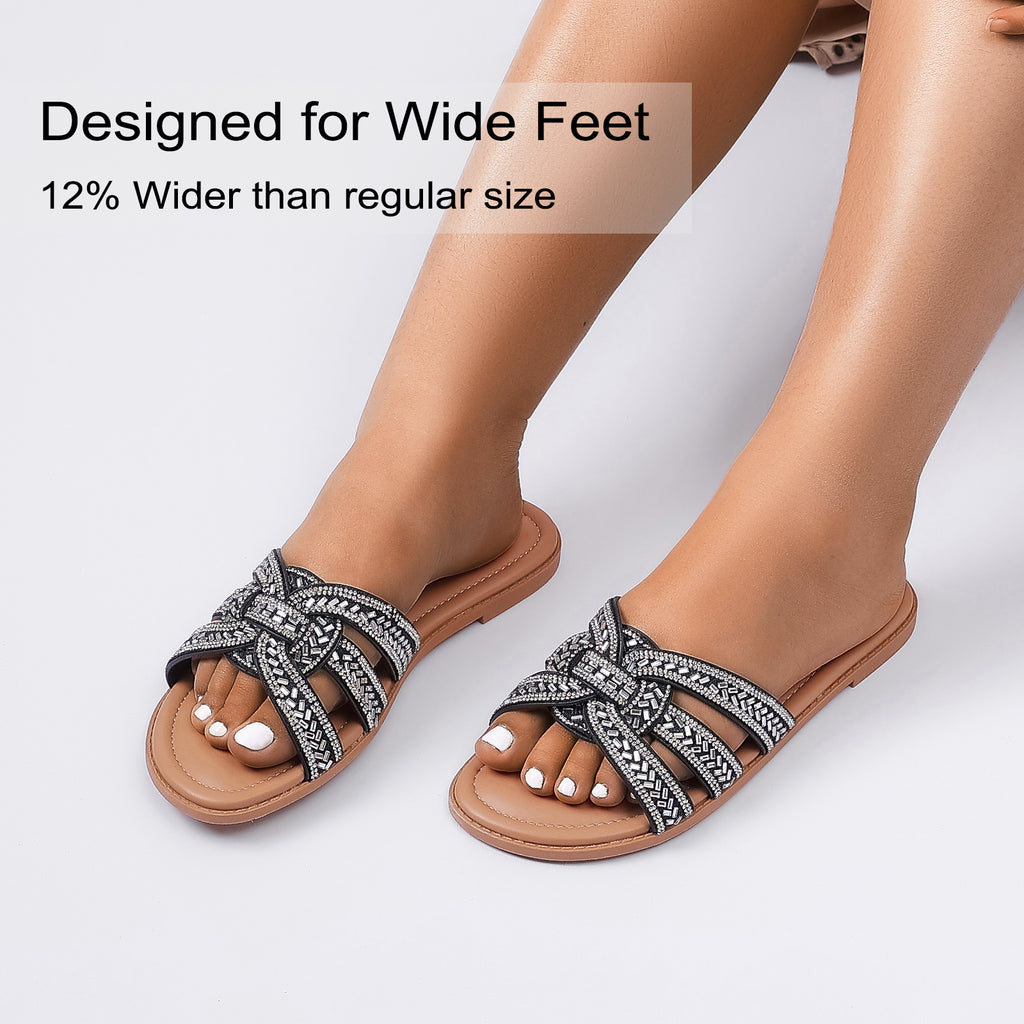 Ruiee Wide Width Sandals for Women, Fashion Slide Sandal Diamond Sparkly Bling Casual Dressy Flat Slides Comfort Bride Wedding Summer Slip on Wide Feet Womens Sandals.