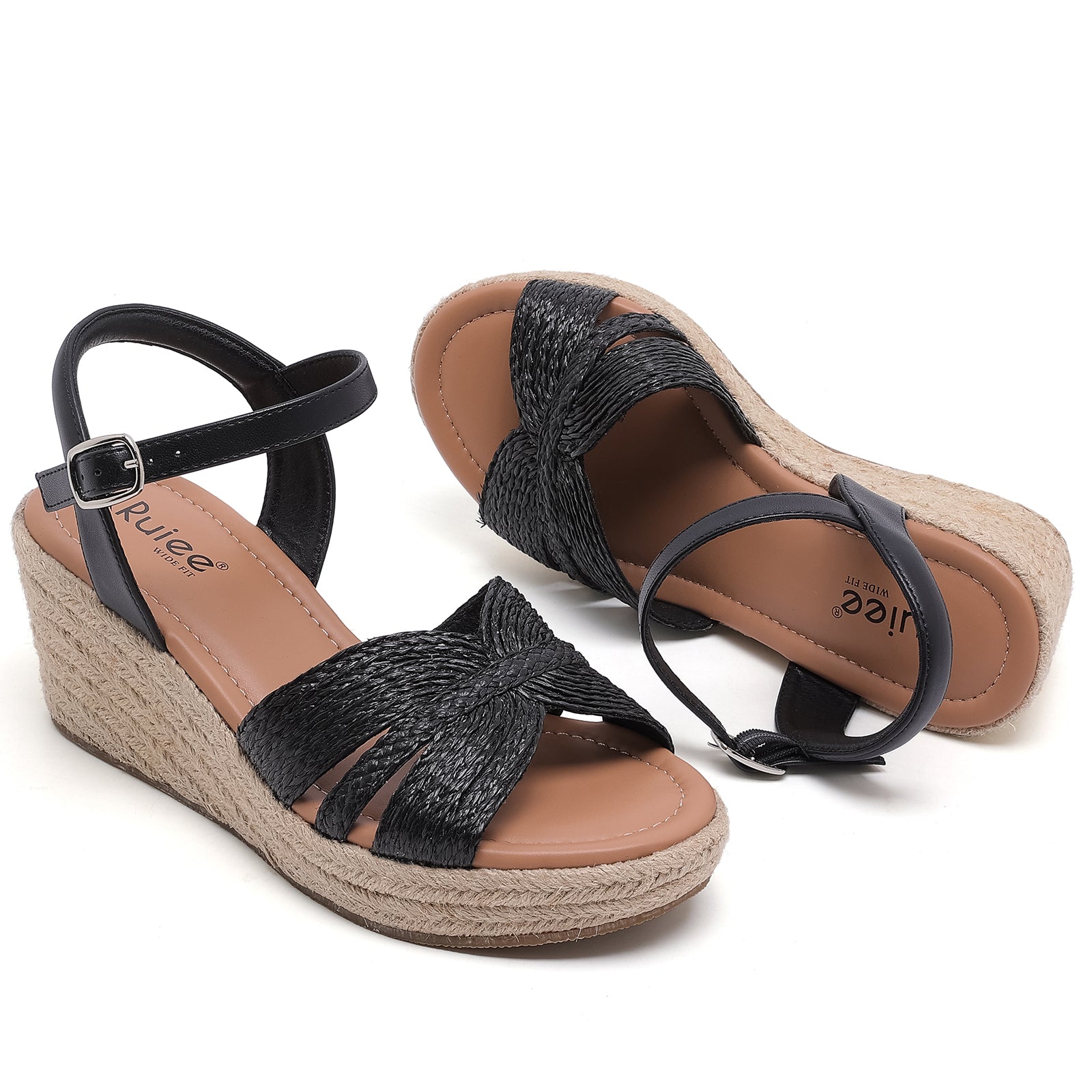 Ruiee Wide Width Wedge Sandals for Women, Ankle Strap Cute Round Toe Summer Shoes Platform Espadrille Wedge Dressy Womens Sandals.