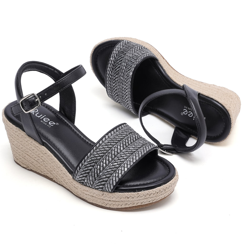 Ruiee Wide Width Wedge Sandals for Women, Ankle Strap Cute Round Toe Summer Raffia Shoes Platform Espadrille Wedge Dressy Women Sandals.