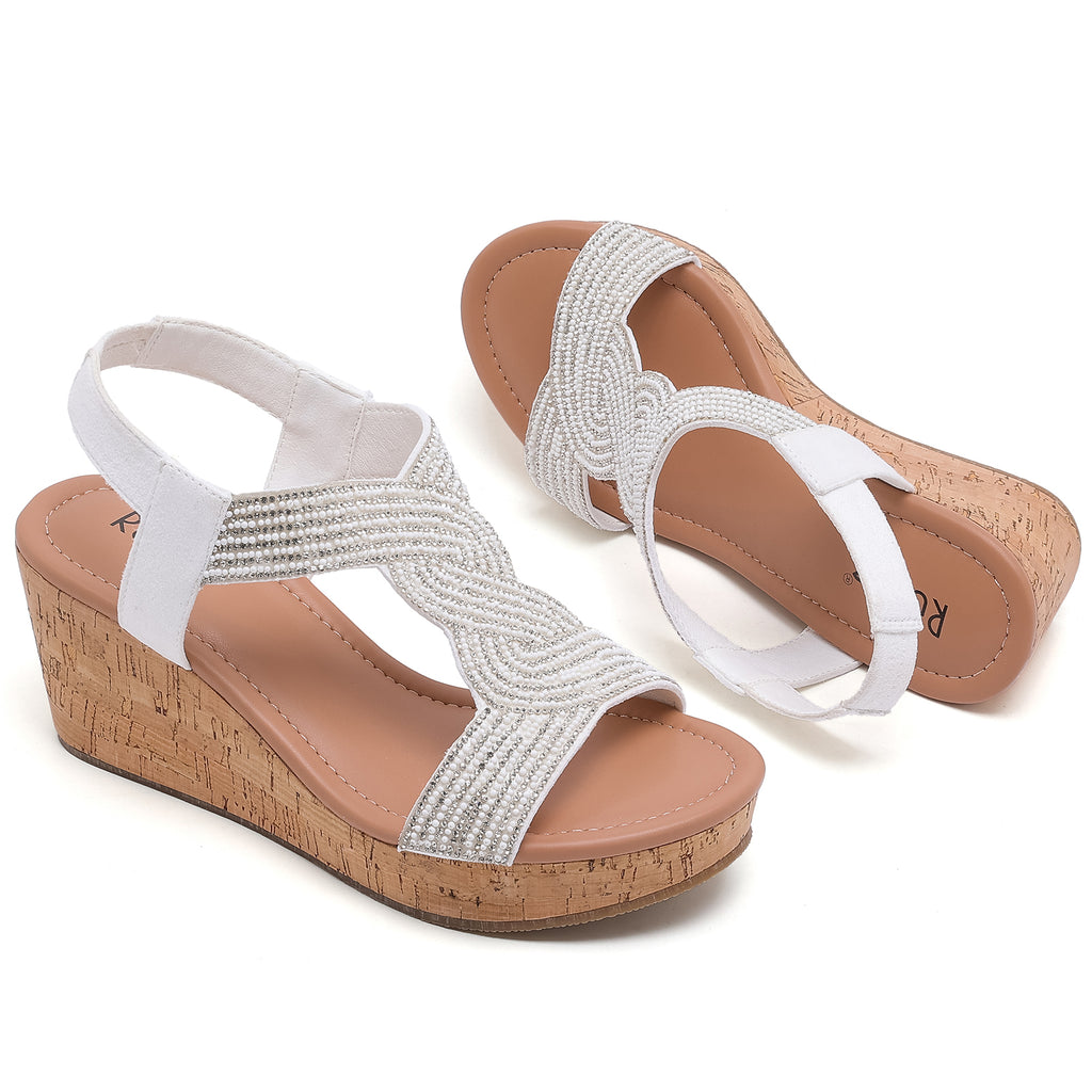 Ruiee Wide Width Wedge Sandals for Women, Ankle Strap Sparkly Rhinestone Open Toe Summer Dressy Shoes Platform Wedding Prom Women Sandals.
