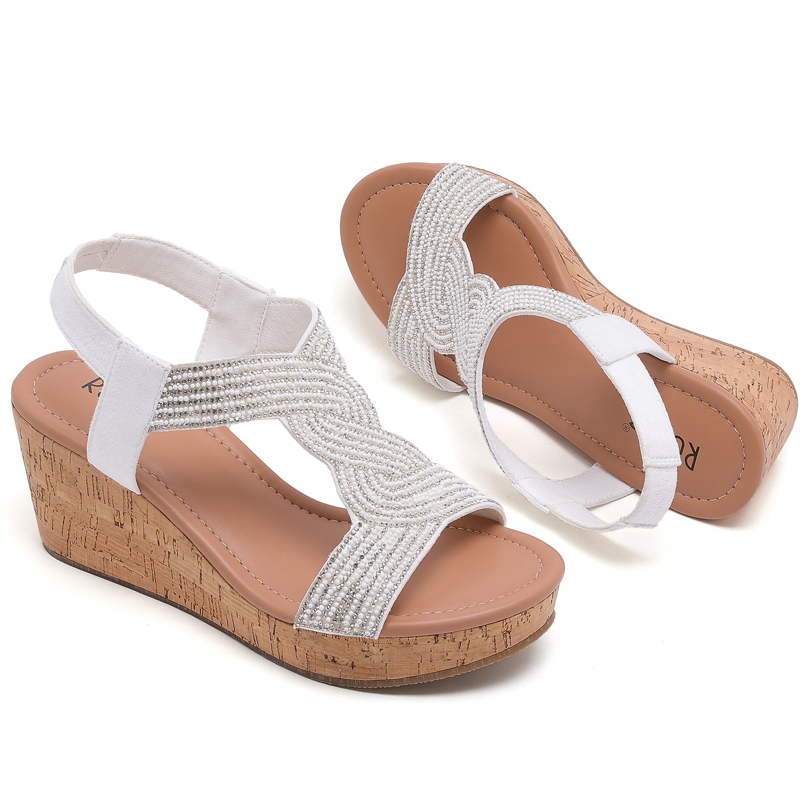 Ruiee Wide Width Wedge Sandals for Women, Ankle Strap Sparkly Rhinestone Open Toe Summer Dressy Shoes Platform Wedding Prom Women Sandals.