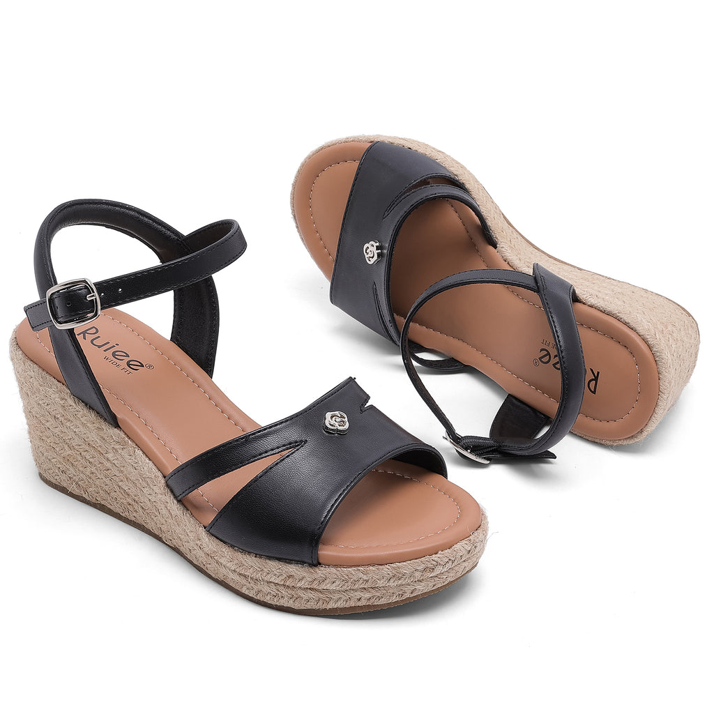 Ruiee Wide Width Wedge Sandals for Women, Ankle Strap Open Toe Casual Summer Shoes Platform Espadrille Wedge Dressy Womens Sandals.