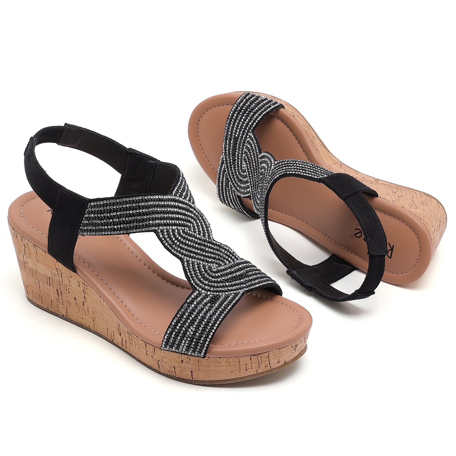 Ruiee Wide Width Wedge Sandals for Women, Ankle Strap Sparkly Rhinestone Open Toe Summer Dressy Shoes Platform Wedding Prom Women Sandals.