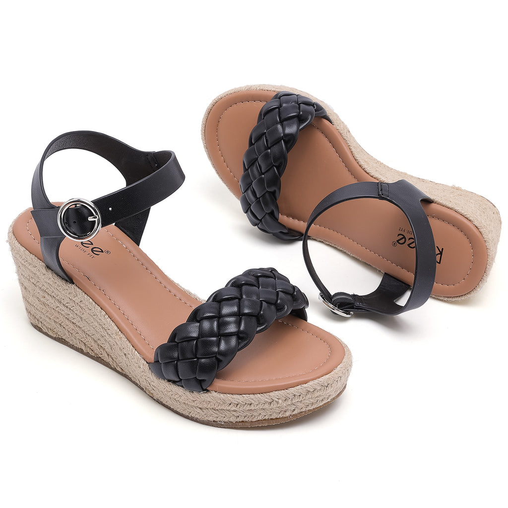 Ruiee Wide Width Wedge Sandals for Women, Braided Ankle Strap Buckle Open Toe Summer Shoes Platform Espadrille Wedge Beach Women Sandals.