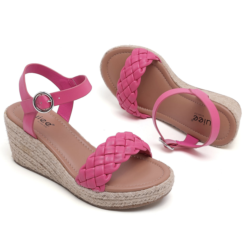 Ruiee Wide Width Wedge Sandals for Women, Braided Ankle Strap Buckle Open Toe Summer Shoes Platform Espadrille Wedge Beach Women Sandals.