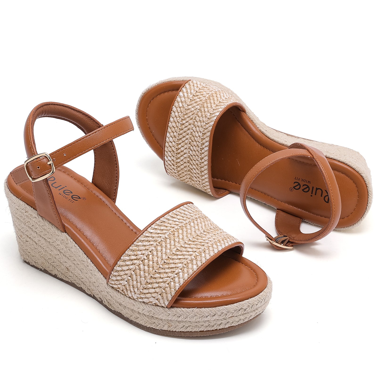 Ruiee Wide Width Wedge Sandals for Women, Ankle Strap Cute Round Toe Summer Raffia Shoes Platform Espadrille Wedge Dressy Women Sandals.