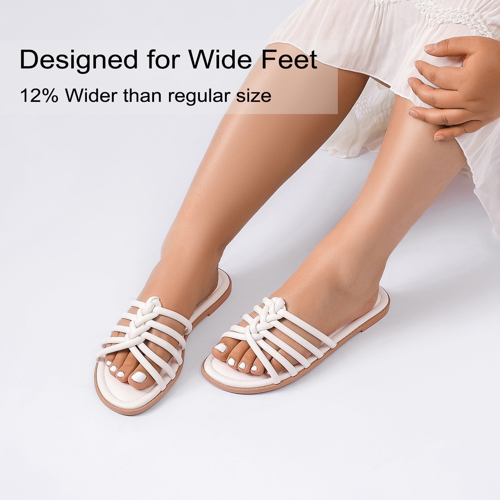 Ruiee Wide Width Sandals for Women, Summer Slide Sandals Casual Flat Wide Feet Slides Comfort Braided Slip on Sandals Open Toe Beach Shoes for Women.