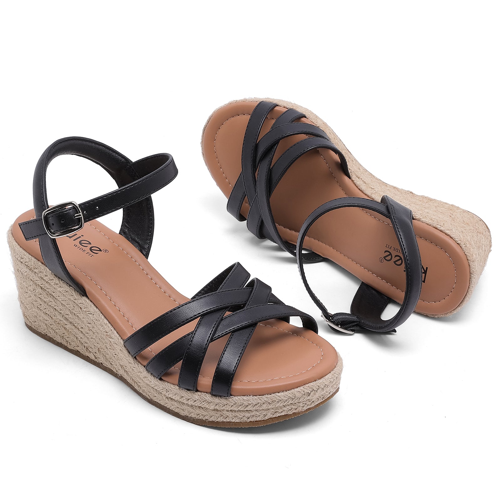 Ruiee Wide Width Wedge Sandals for Women, Comfortable Ankle Strap Open Toe Summer Shoes Platform Espadrille Wedge Casual Womens Sandals.