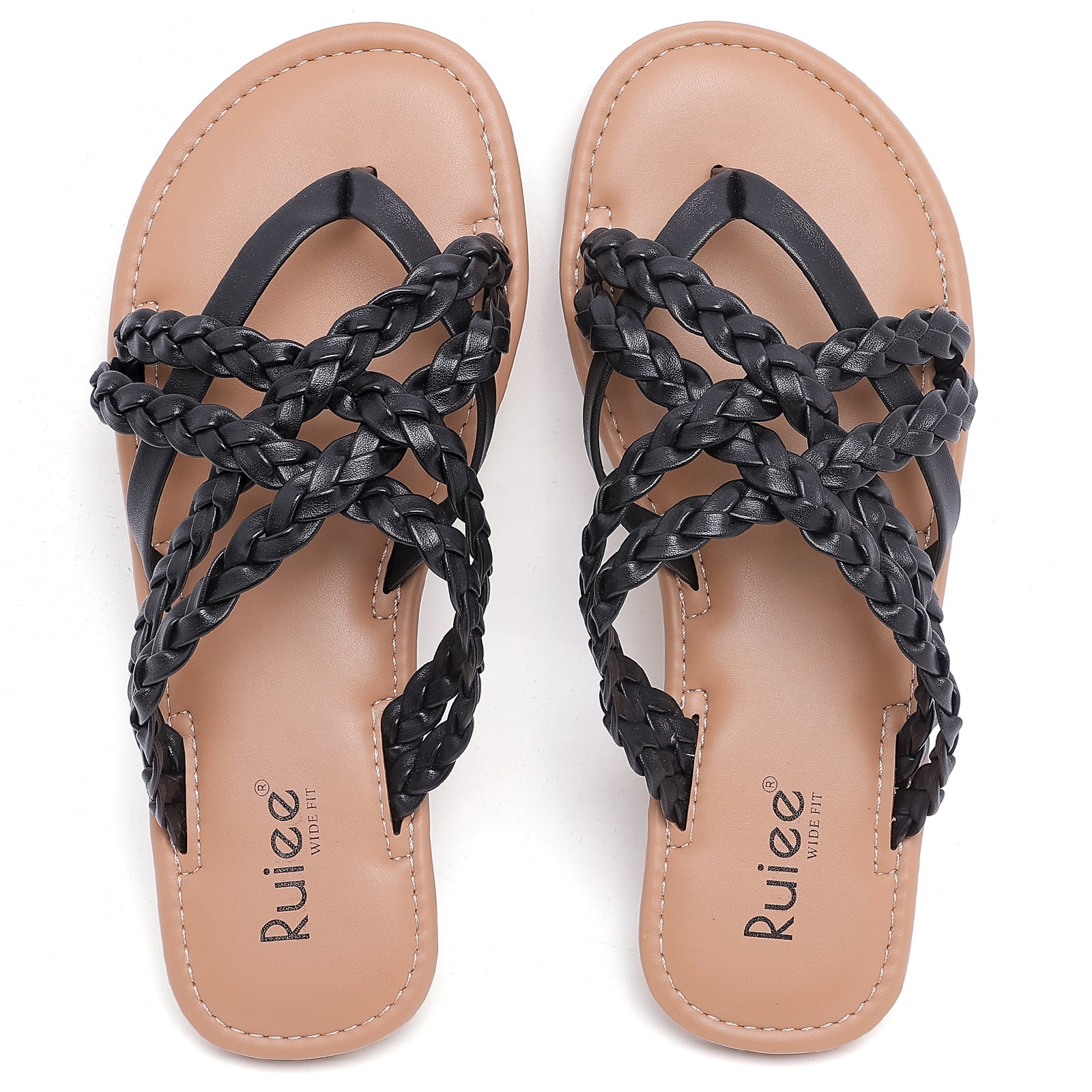 Ruiee Wide Width Sandals for Women, Summer Flip Flops Flat Slide Sandals Casual Braided Wide Feet Comfort Slip on Beach Slides for Women.