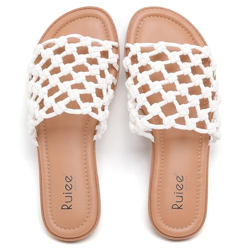 Ruiee Wide Width Sandals for Women, Summer Slide Sandal Casual Wide Feet Flat Slides Comfort Braided Slip on Sandals Beach Shoes for Women.