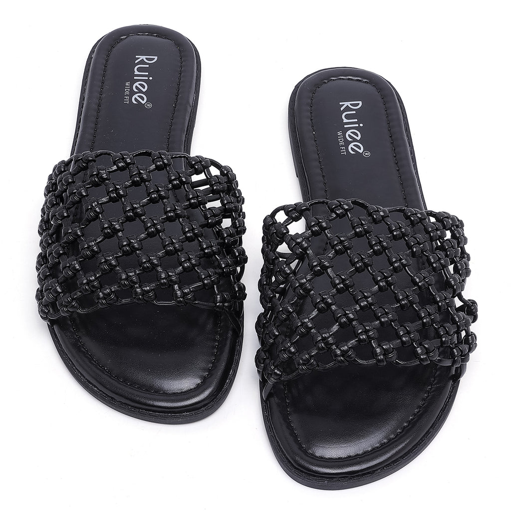 Ruiee Wide Width Sandals for Women, Summer Slide Sandal Casual Wide Feet Flat Slides Comfort Braided Slip on Sandals Beach Shoes for Women.
