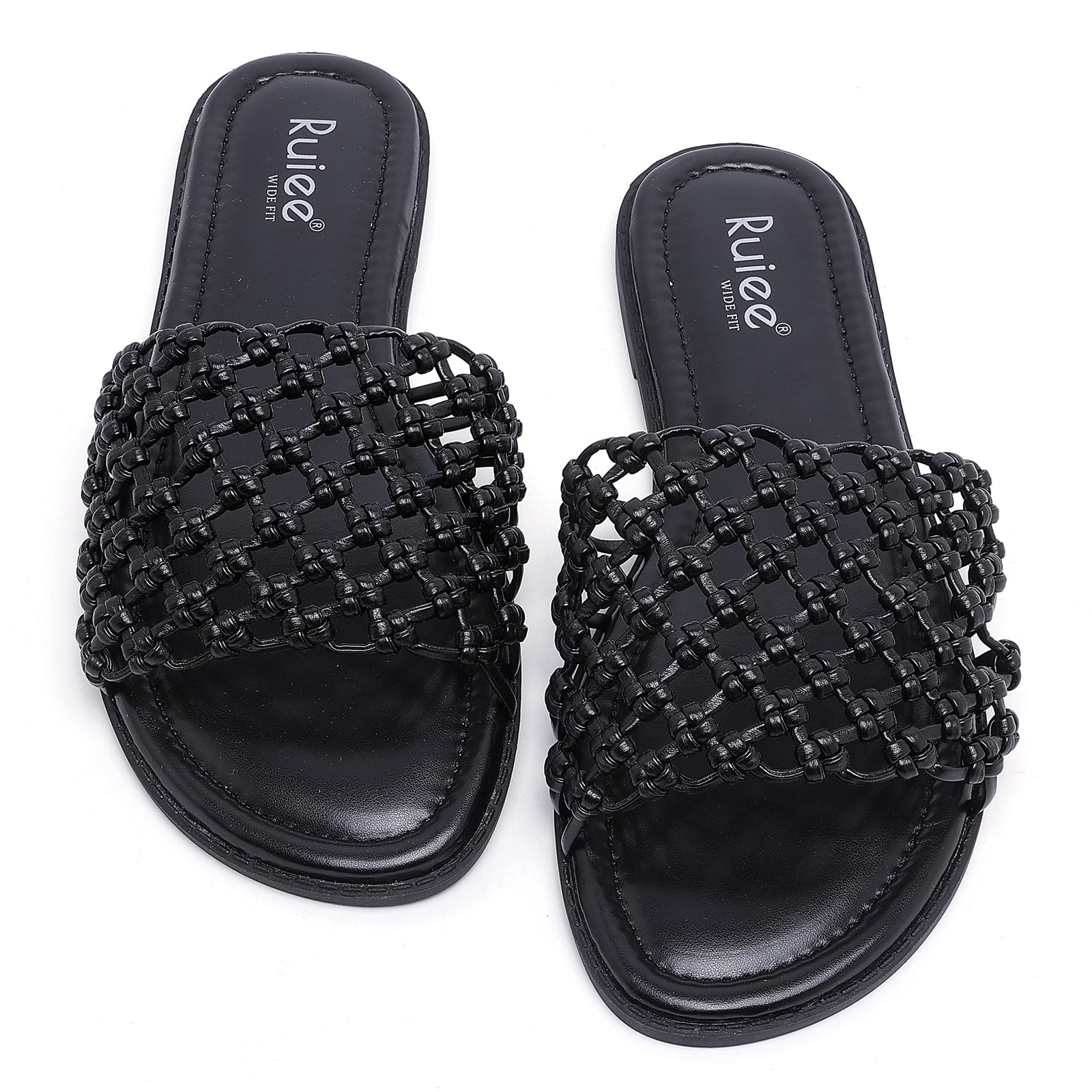 Ruiee Wide Width Sandals for Women, Summer Slide Sandal Casual Wide Feet Flat Slides Comfort Braided Slip on Sandals Beach Shoes for Women.