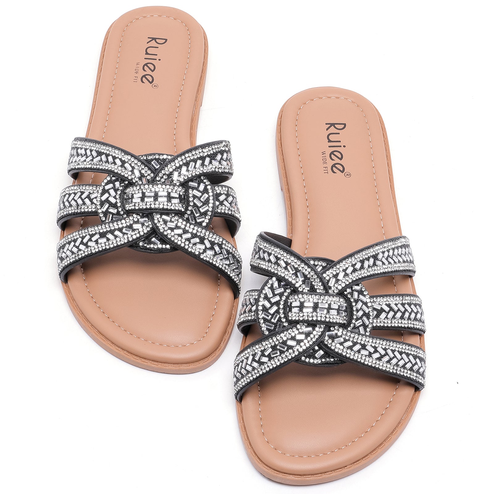 Ruiee Wide Width Sandals for Women, Fashion Slide Sandal Diamond Sparkly Bling Casual Dressy Flat Slides Comfort Bride Wedding Summer Slip on Wide Feet Womens Sandals.