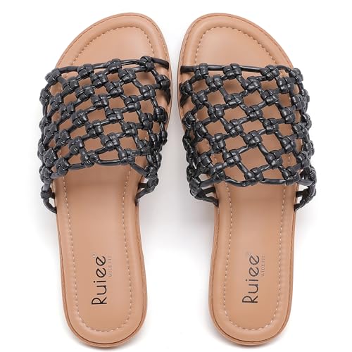 Ruiee Wide Width Sandals for Women, Summer Slide Sandal Casual Wide Feet Flat Slides Comfort Braided Slip on Sandals Beach Shoes for Women.