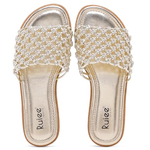 Ruiee Wide Width Sandals for Women, Summer Slide Sandal Casual Wide Feet Flat Slides Comfort Braided Slip on Sandals Beach Shoes for Women.