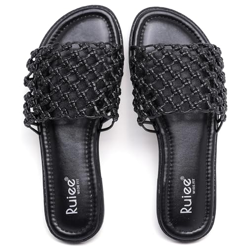 Ruiee Wide Width Sandals for Women, Summer Slide Sandal Casual Wide Feet Flat Slides Comfort Braided Slip on Sandals Beach Shoes for Women.