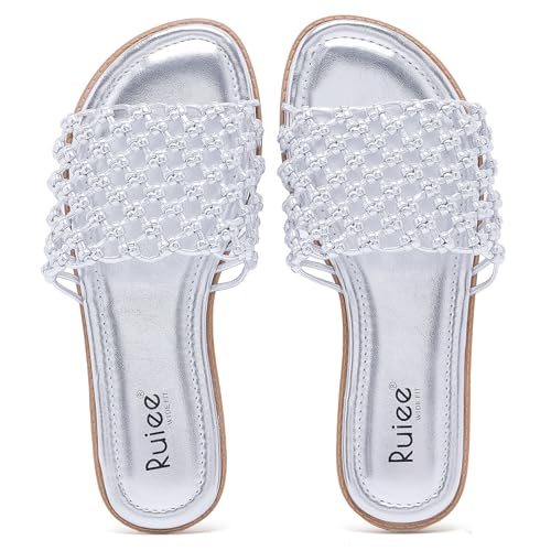 Ruiee Wide Width Sandals for Women, Summer Slide Sandal Casual Wide Feet Flat Slides Comfort Braided Slip on Sandals Beach Shoes for Women.