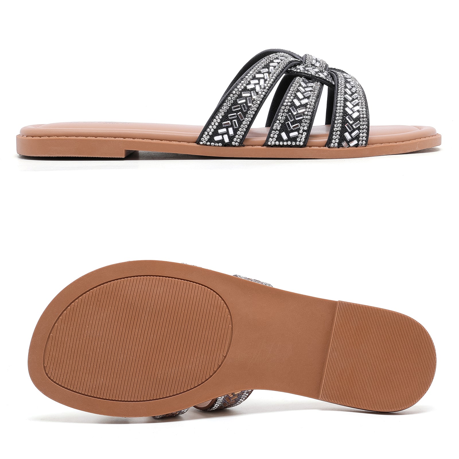 Ruiee Wide Width Sandals for Women, Fashion Slide Sandal Diamond Sparkly Bling Casual Dressy Flat Slides Comfort Bride Wedding Summer Slip on Wide Feet Womens Sandals.