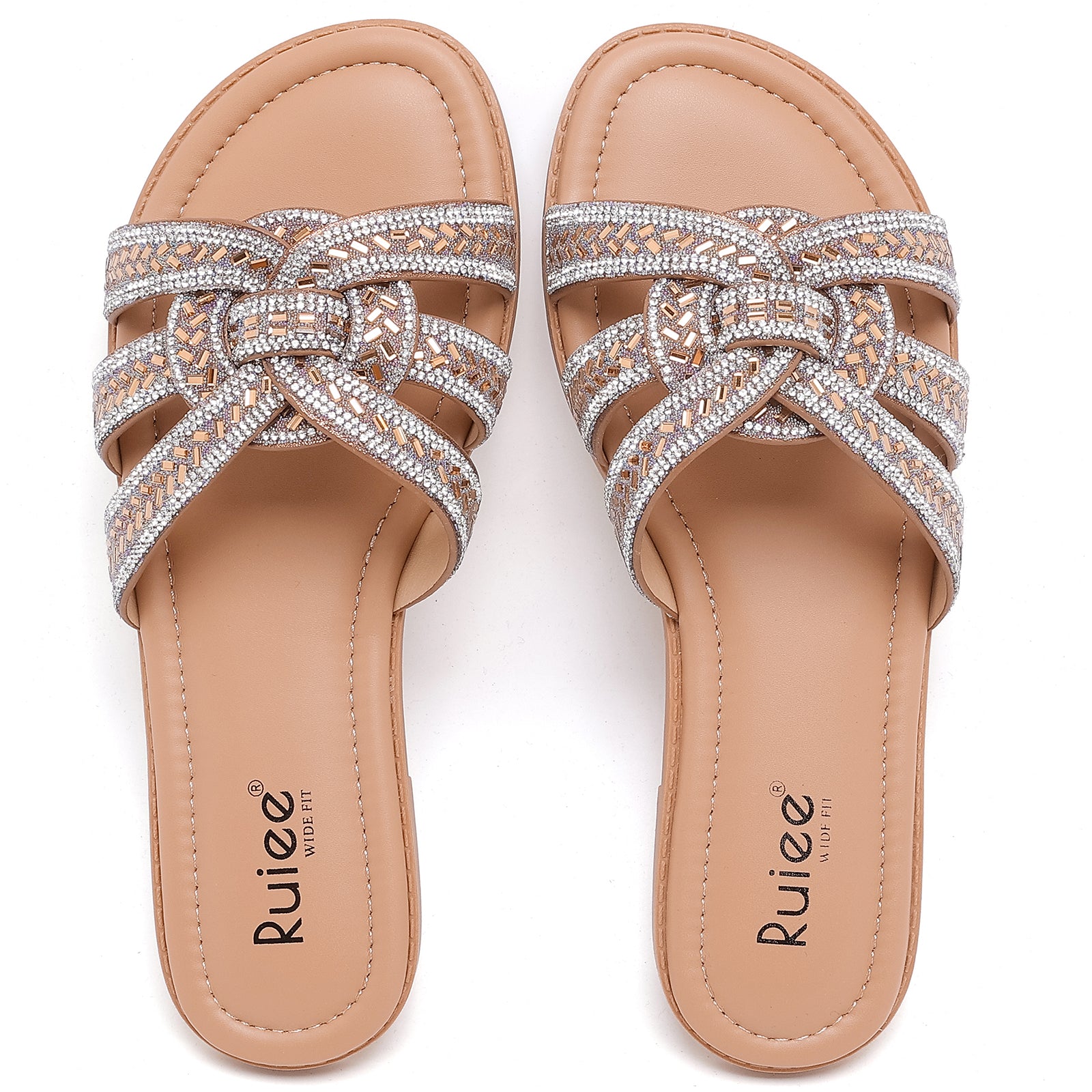 Ruiee Wide Width Sandals for Women, Fashion Slide Sandal Diamond Sparkly Bling Casual Dressy Flat Slides Comfort Bride Wedding Summer Slip on Wide Feet Womens Sandals.