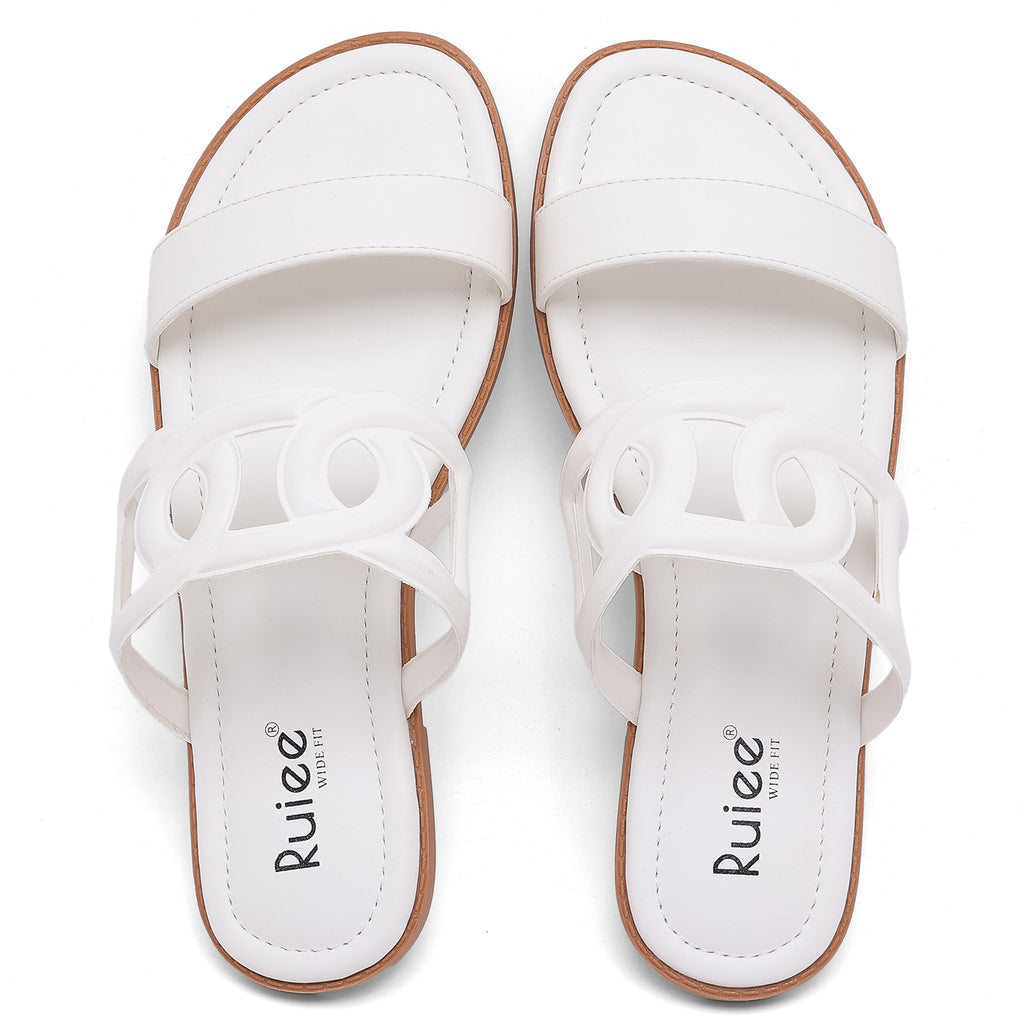 Ruiee Wide Width Sandals for Women, Summer Slide Sandals Casual Wide Feet Slides Comfort Strap Slip on Sandals Open Toe Beach Womens Sandal.