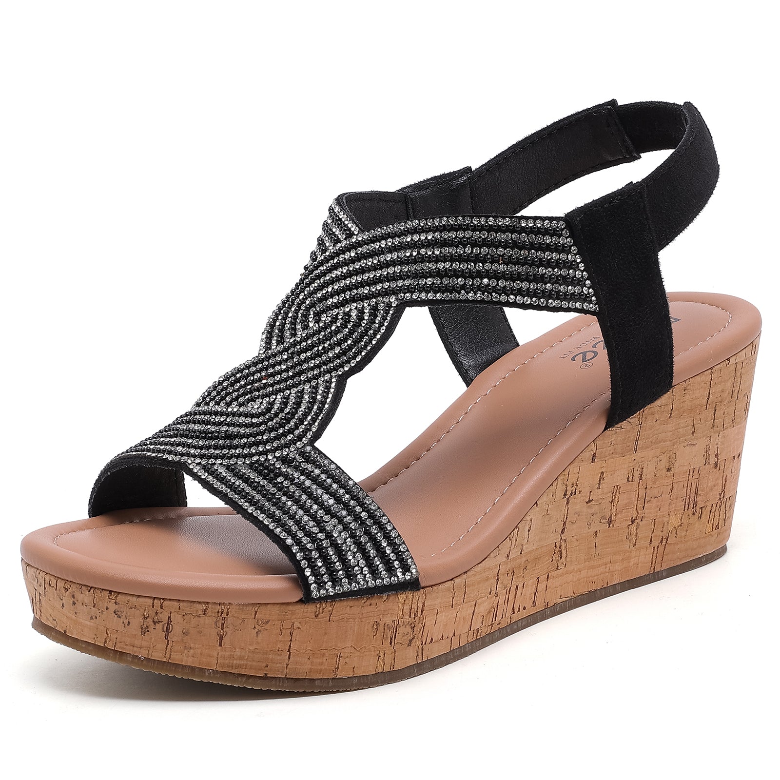 Ruiee Wide Width Wedge Sandals for Women, Ankle Strap Sparkly Rhinestone Open Toe Summer Dressy Shoes Platform Wedding Prom Women Sandals.