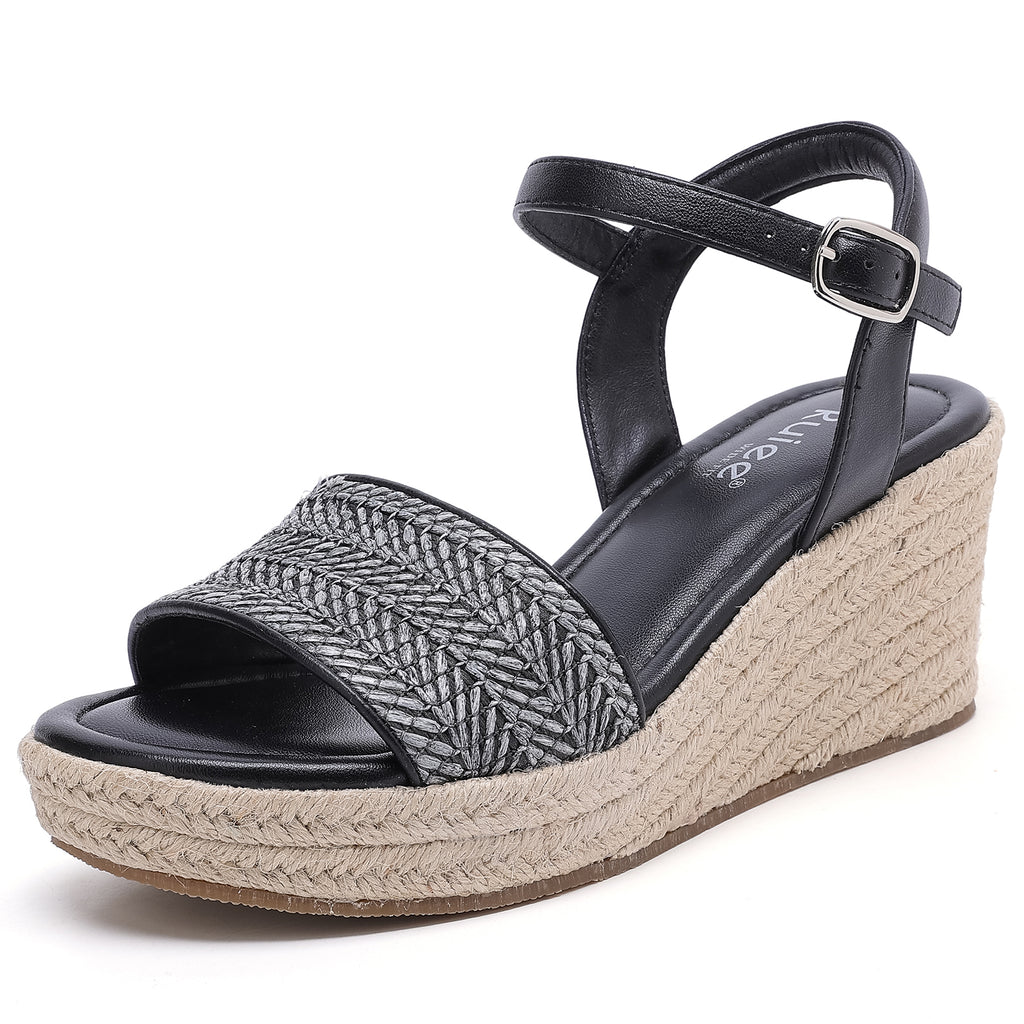 Ruiee Wide Width Wedge Sandals for Women, Ankle Strap Cute Round Toe Summer Raffia Shoes Platform Espadrille Wedge Dressy Women Sandals.
