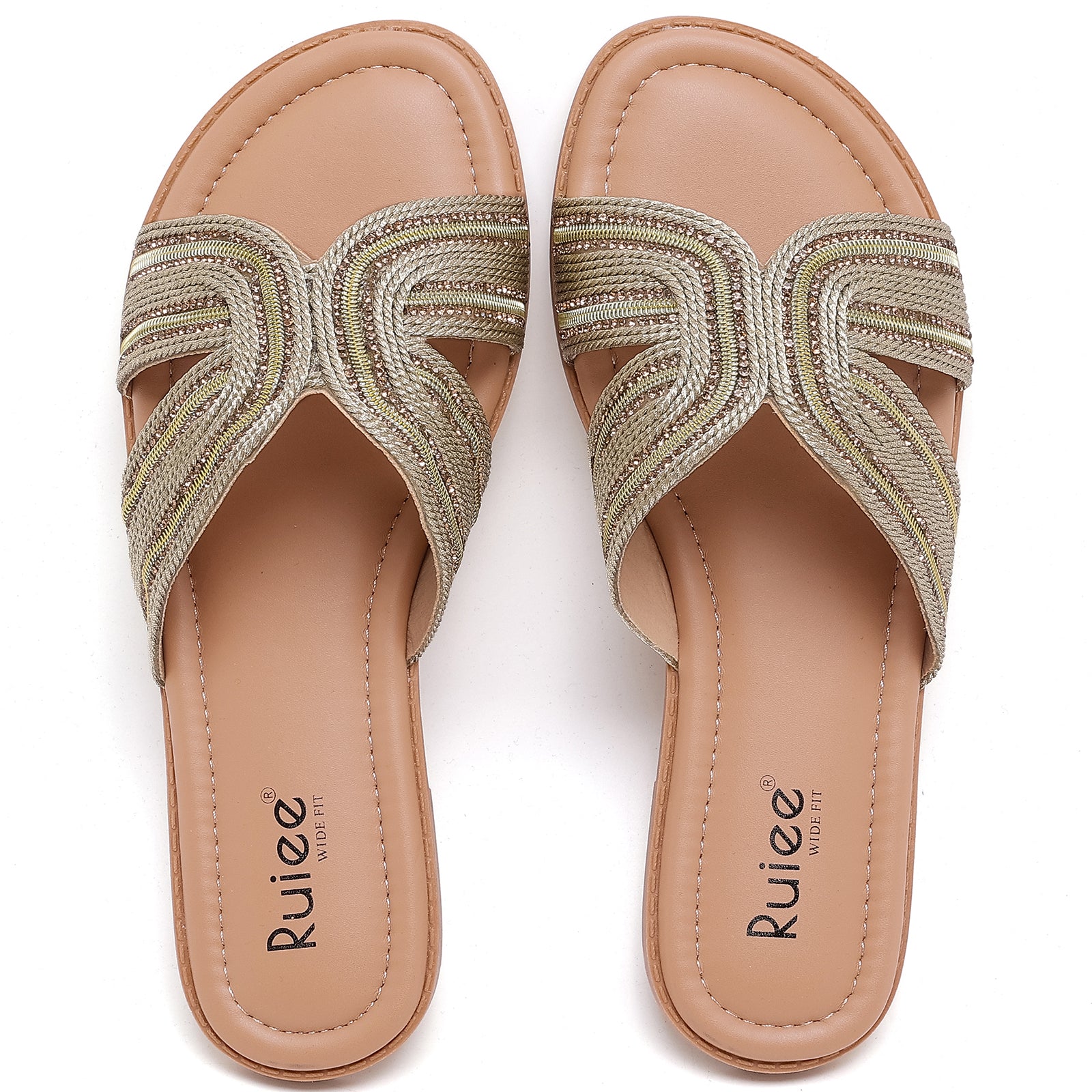 Ruiee Wide Width Sandals for Women, Fashion Slide Sandal Casual Sparkly Bling Dressy Flat Slides Comfort Bride Wedding Summer Slip on Wide Feet Womens Sandals.