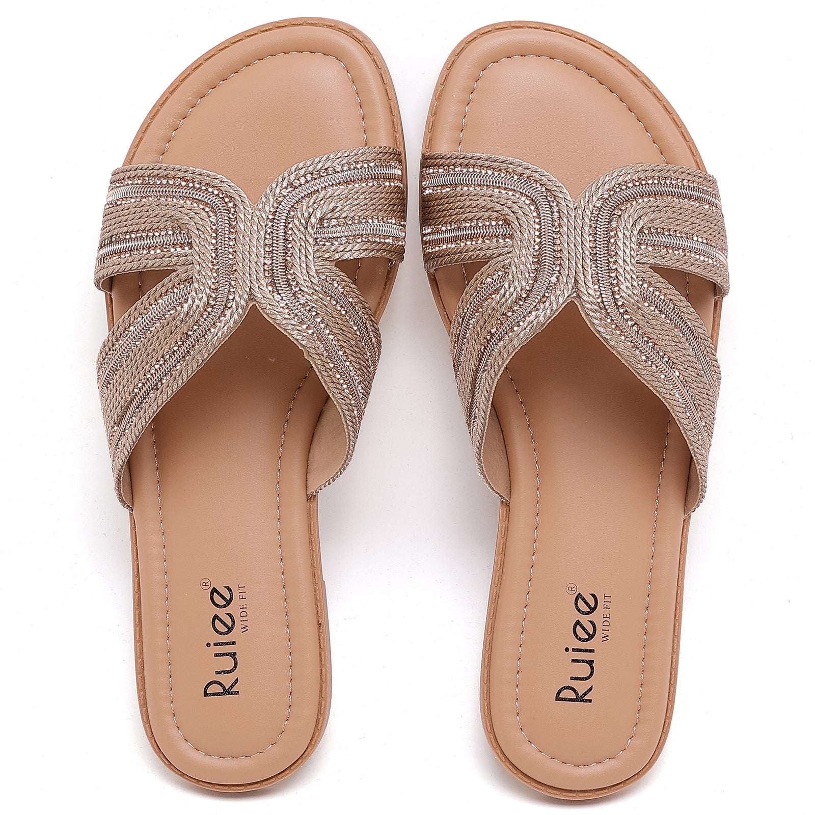 Ruiee Wide Width Sandals for Women, Fashion Slide Sandal Casual Sparkly Bling Dressy Flat Slides Comfort Bride Wedding Summer Slip on Wide Feet Womens Sandals.