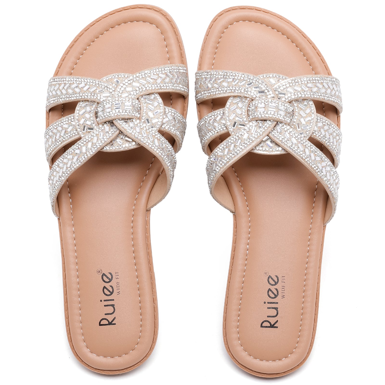 Ruiee Wide Width Sandals for Women, Fashion Slide Sandal Diamond Sparkly Bling Casual Dressy Flat Slides Comfort Bride Wedding Summer Slip on Wide Feet Womens Sandals.