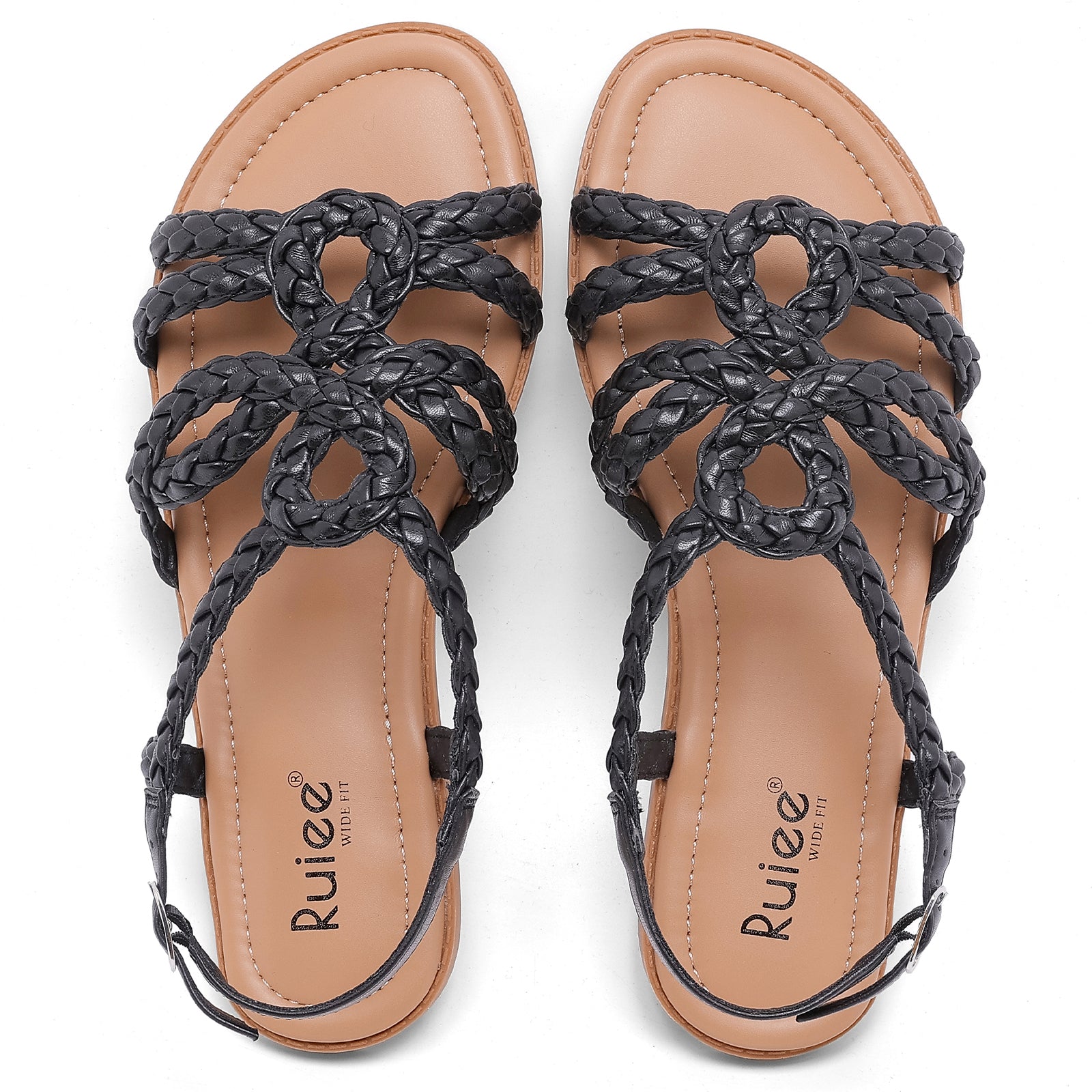 Ruiee Wide Width Sandals for Women, Summer Casual Braided Wide Feet Flat Slides Sandal Comfort Slip on Sandals Open Toe Beach Shoes for Women.