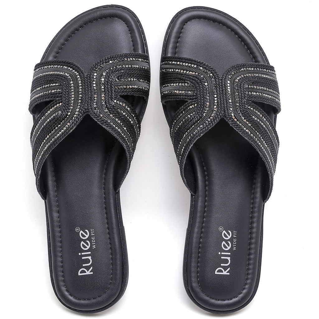 Ruiee Wide Width Sandals for Women, Fashion Slide Sandal Casual Sparkly Bling Dressy Flat Slides Comfort Bride Wedding Summer Slip on Wide Feet Womens Sandals.
