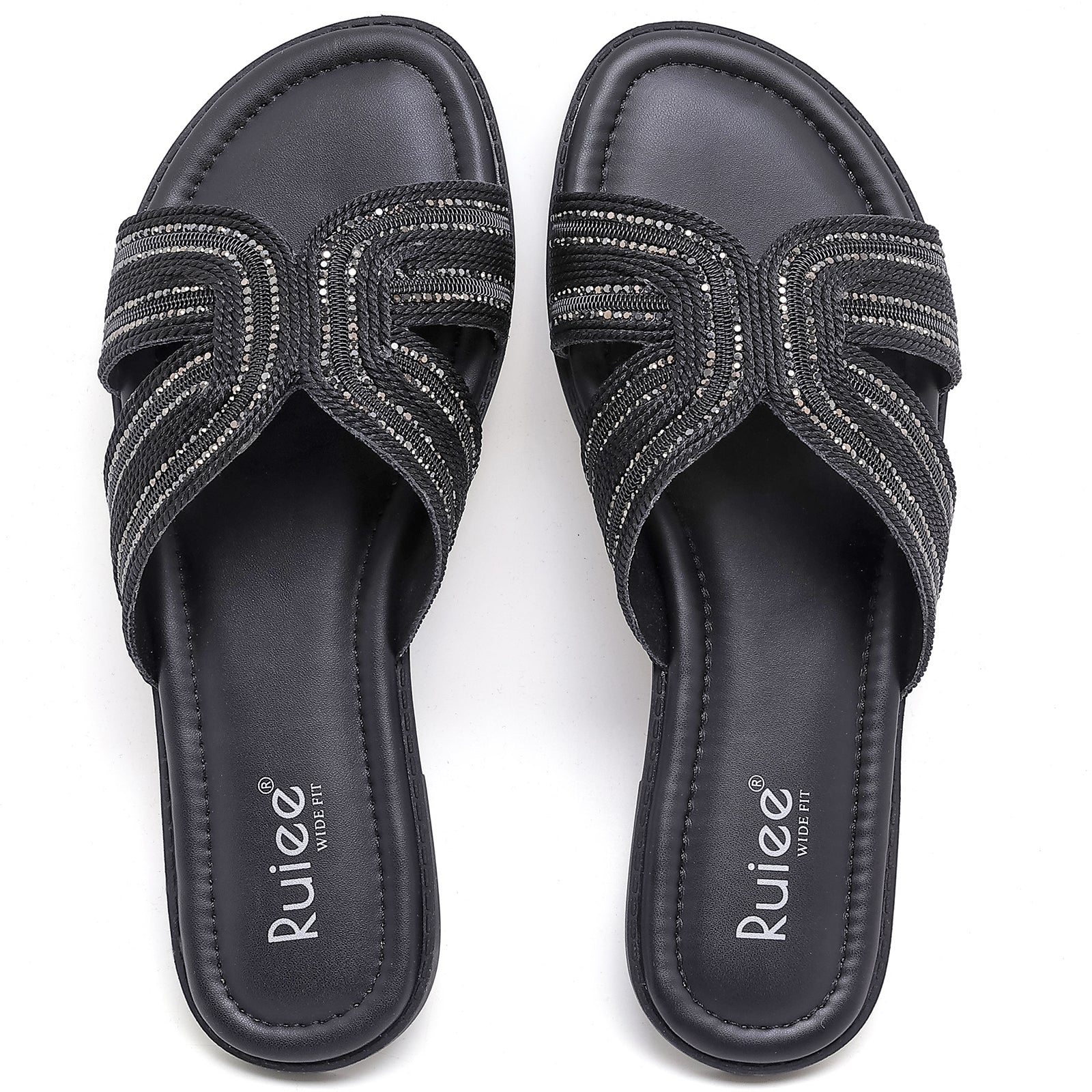 Ruiee Wide Width Sandals for Women, Fashion Slide Sandal Casual Sparkly Bling Dressy Flat Slides Comfort Bride Wedding Summer Slip on Wide Feet Womens Sandals.