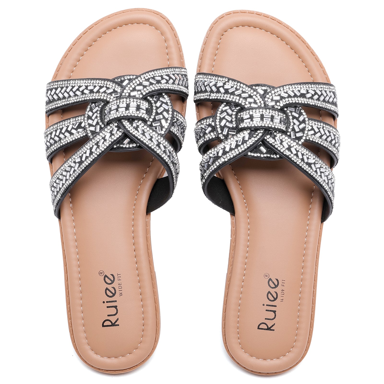 Ruiee Wide Width Sandals for Women, Fashion Slide Sandal Diamond Sparkly Bling Casual Dressy Flat Slides Comfort Bride Wedding Summer Slip on Wide Feet Womens Sandals.