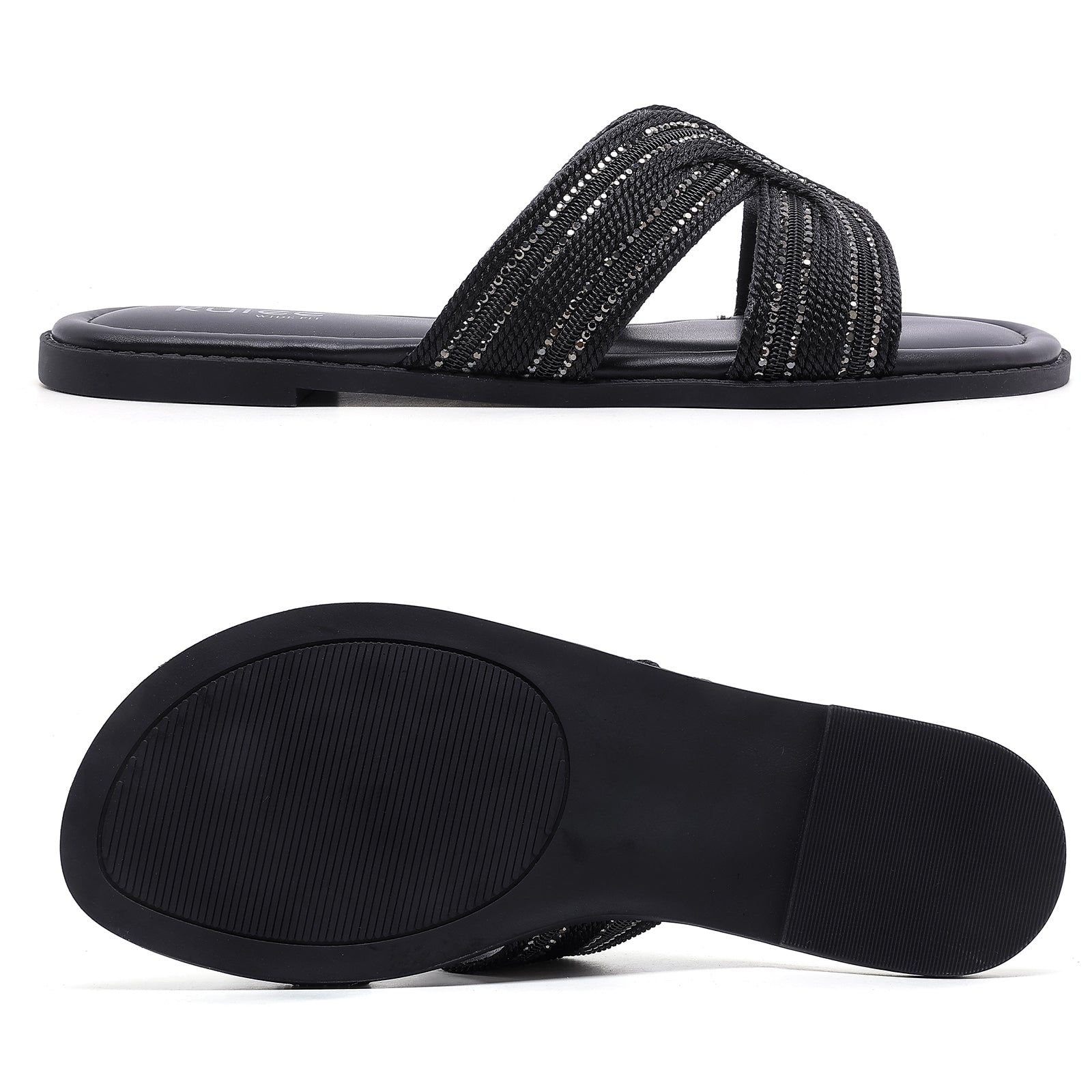 Ruiee Wide Width Sandals for Women, Fashion Slide Sandal Casual Sparkly Bling Dressy Flat Slides Comfort Bride Wedding Summer Slip on Wide Feet Womens Sandals.