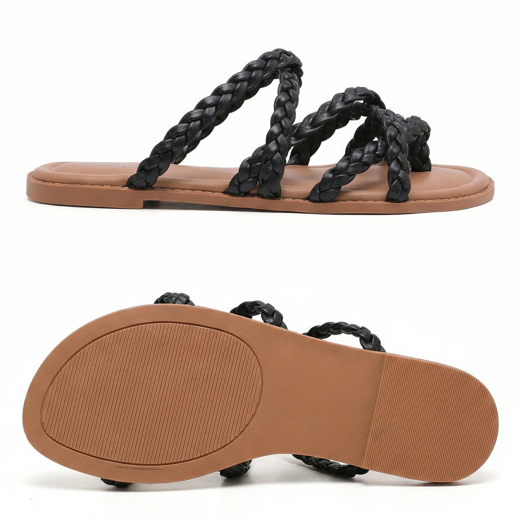 Ruiee Wide Width Sandals for Women, Summer Flip Flops Flat Slide Sandals Casual Braided Wide Feet Slides Comfort Slip on Thong Womens Sandal.