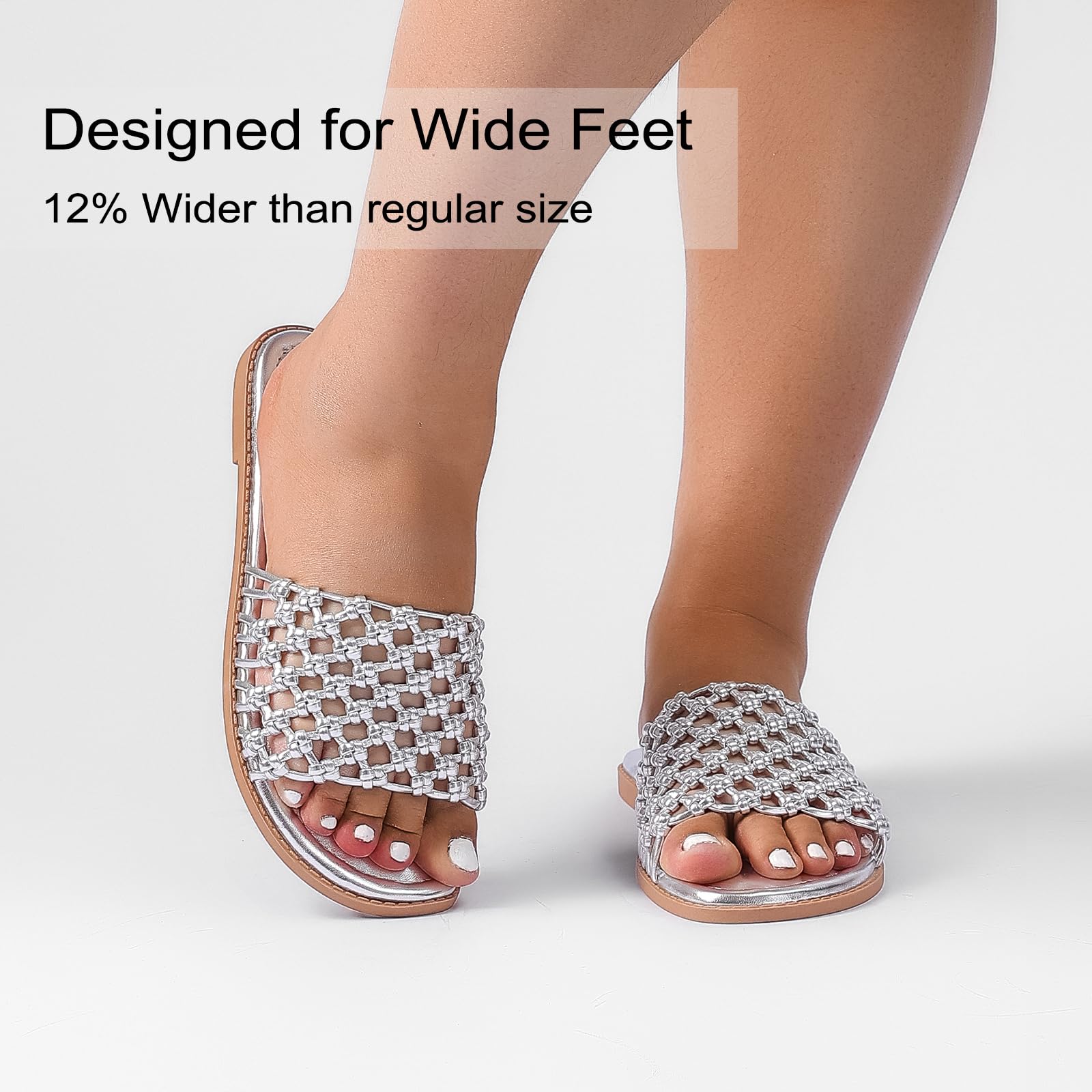 Ruiee Wide Width Sandals for Women, Summer Slide Sandal Casual Wide Feet Flat Slides Comfort Braided Slip on Sandals Beach Shoes for Women.