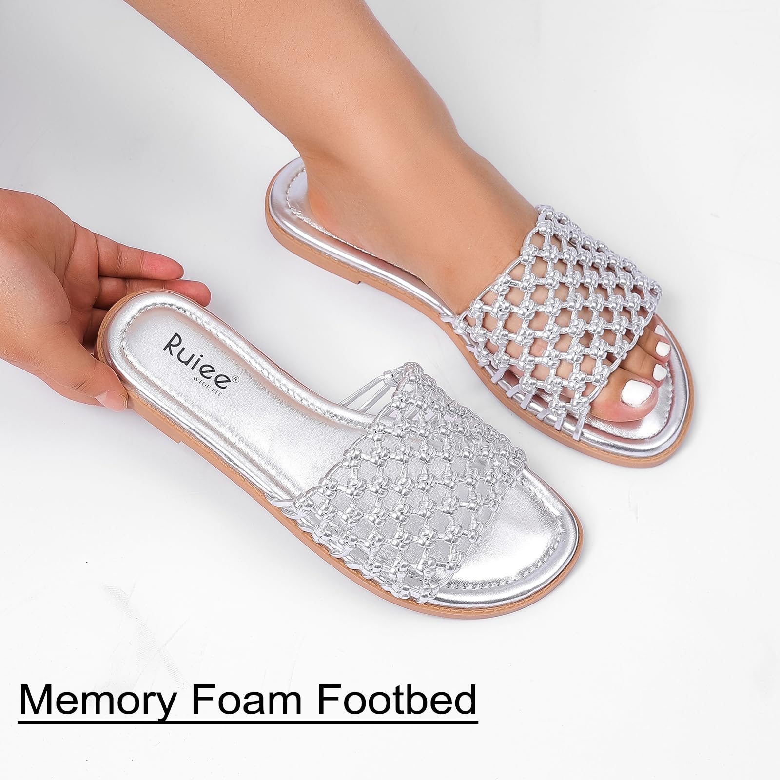 Ruiee Wide Width Sandals for Women, Summer Slide Sandal Casual Wide Feet Flat Slides Comfort Braided Slip on Sandals Beach Shoes for Women.