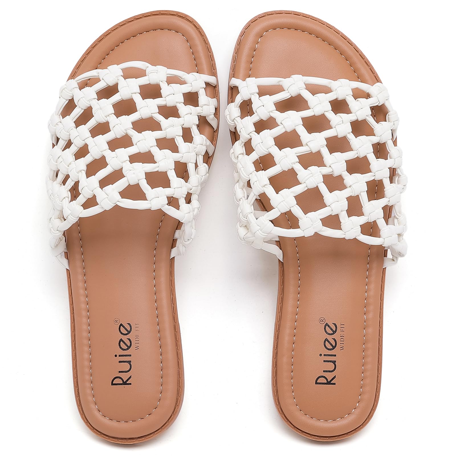 Ruiee Wide Width Sandals for Women, Summer Slide Sandal Casual Wide Feet Flat Slides Comfort Braided Slip on Sandals Beach Shoes for Women.