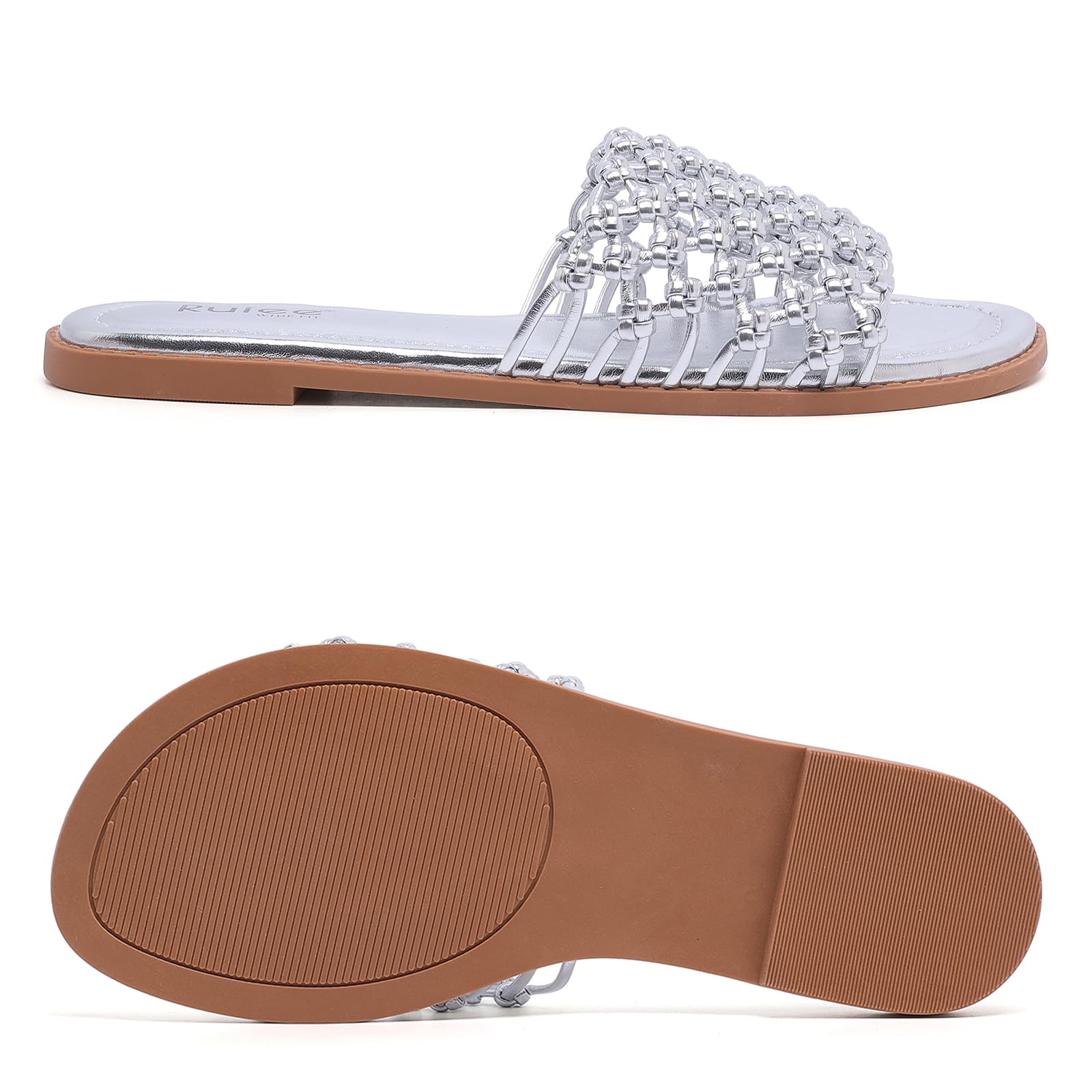 Ruiee Wide Width Sandals for Women, Summer Slide Sandal Casual Wide Feet Flat Slides Comfort Braided Slip on Sandals Beach Shoes for Women.