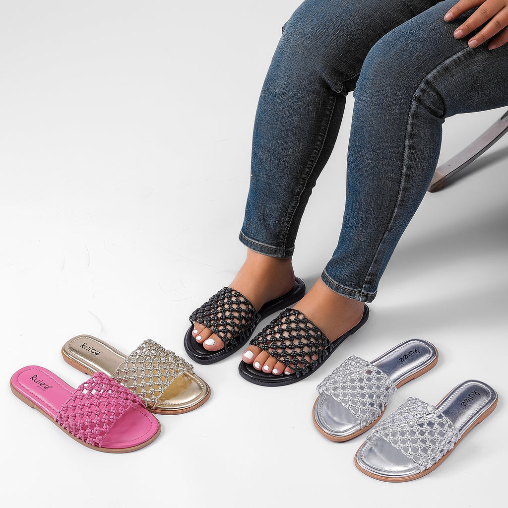 Ruiee Wide Width Sandals for Women, Summer Slide Sandal Casual Wide Feet Flat Slides Comfort Braided Slip on Sandals Beach Shoes for Women.