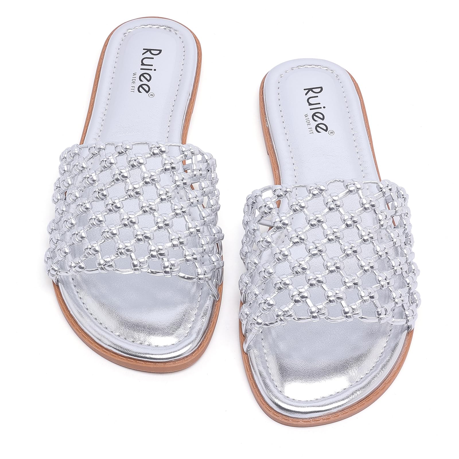 Ruiee Wide Width Sandals for Women, Summer Slide Sandal Casual Wide Feet Flat Slides Comfort Braided Slip on Sandals Beach Shoes for Women.