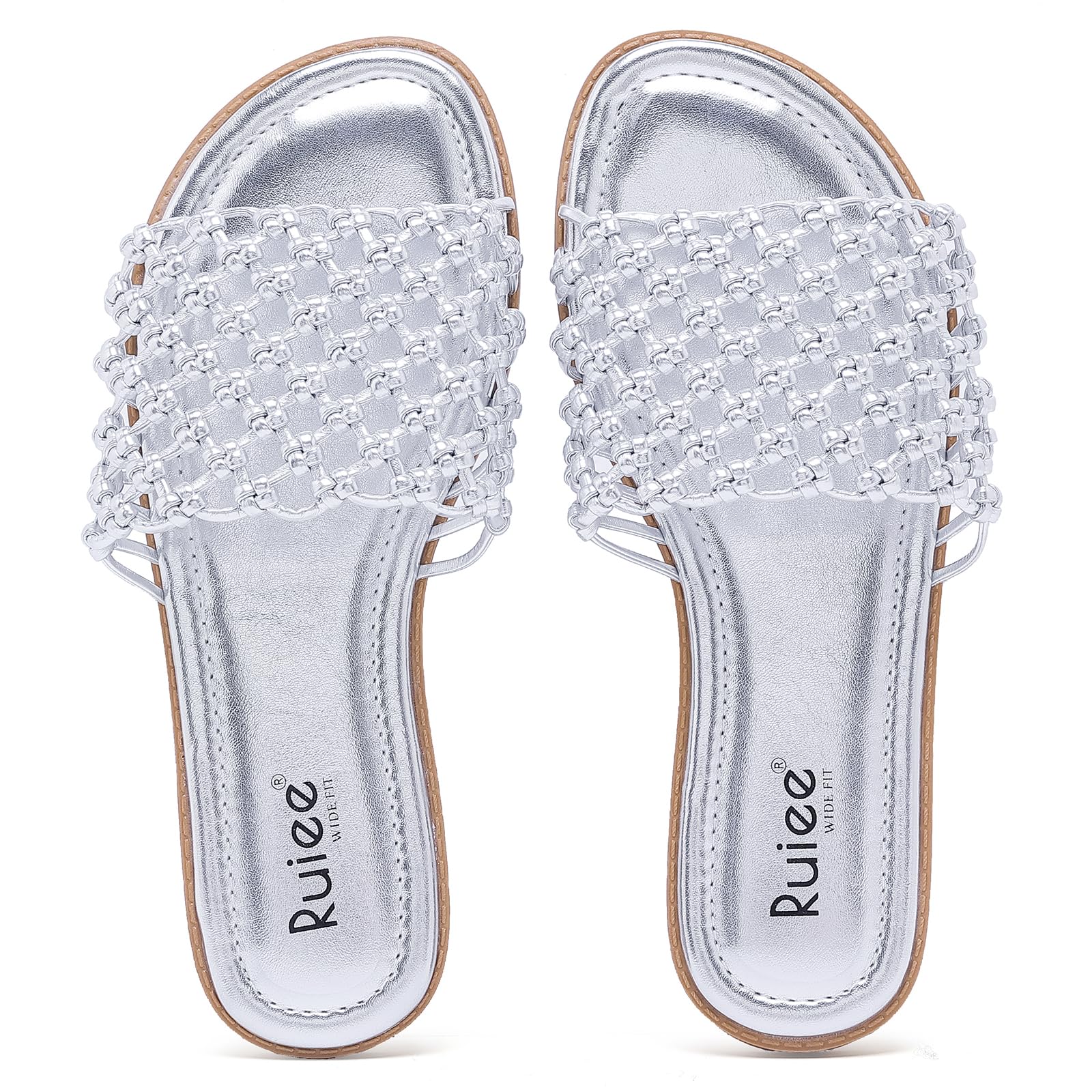 Ruiee Wide Width Sandals for Women, Summer Slide Sandal Casual Wide Feet Flat Slides Comfort Braided Slip on Sandals Beach Shoes for Women.