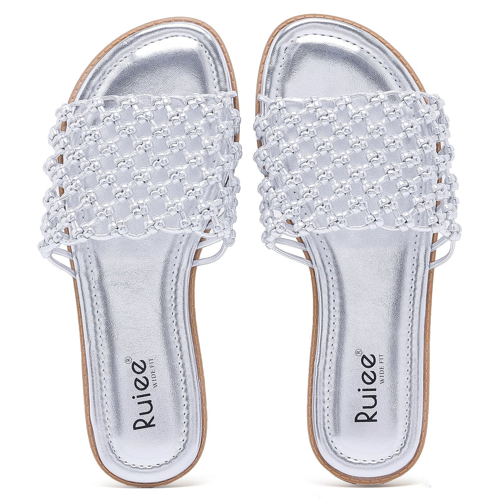 Ruiee Wide Width Sandals for Women, Summer Slide Sandal Casual Wide Feet Flat Slides Comfort Braided Slip on Sandals Beach Shoes for Women.